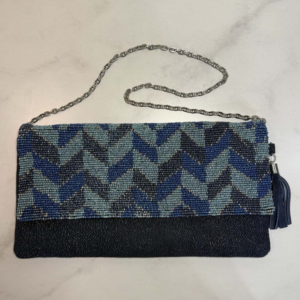 Chico's Beaded Clutch With Chain Strap Blue Denim Chevron Pattern Glass Beads